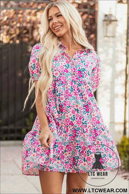 Pink Floral Collared Half Placket Short Sleeve Loose Dress