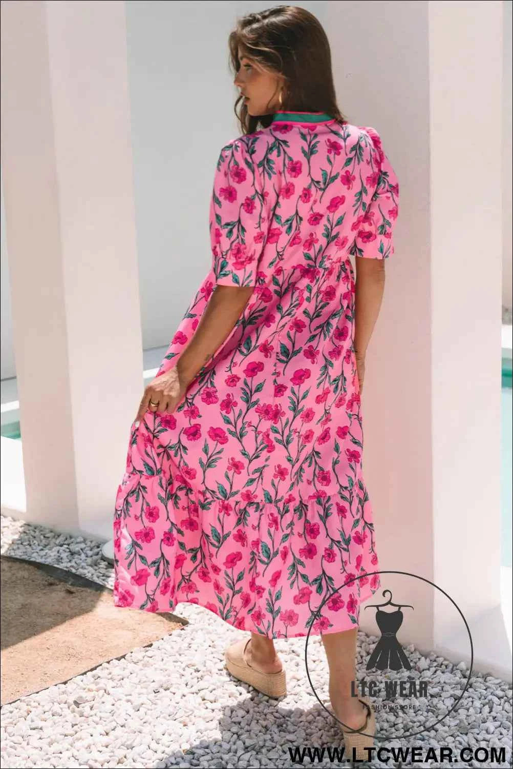 Pink Floral Contrast Neckline A-line Puff Sleeve Long Dress