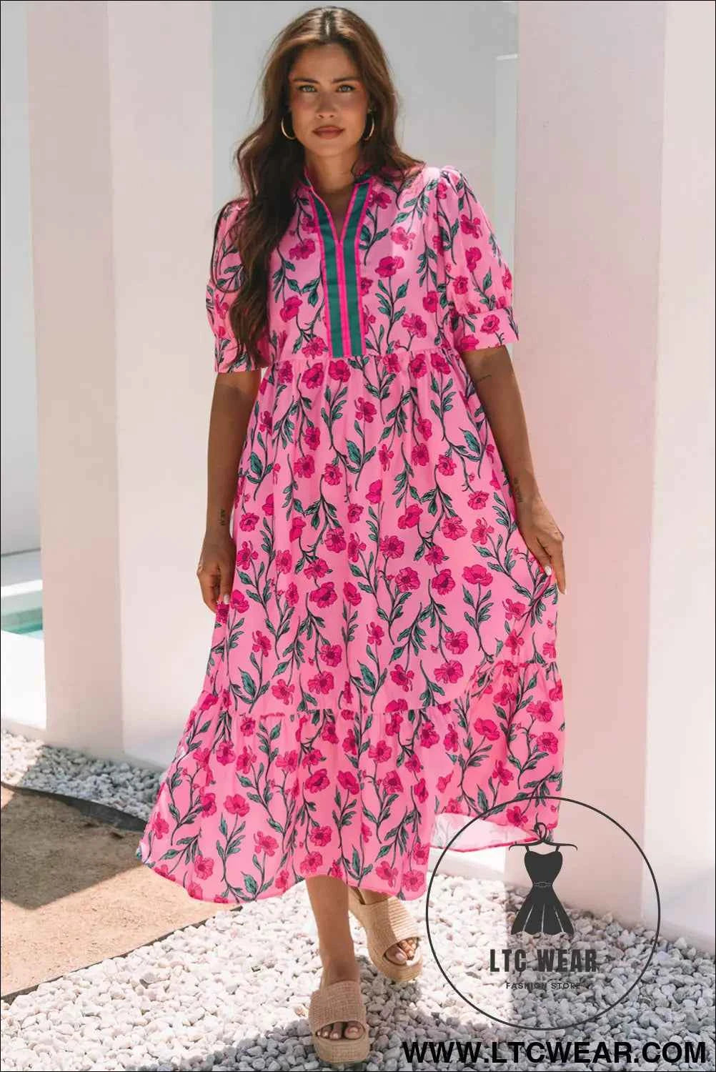 Pink Floral Contrast Neckline A-line Puff Sleeve Long Dress