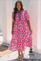 Pink Floral Contrast Neckline A-line Puff Sleeve Long Dress