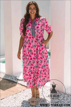 Pink Floral Contrast Neckline A-line Puff Sleeve Long Dress