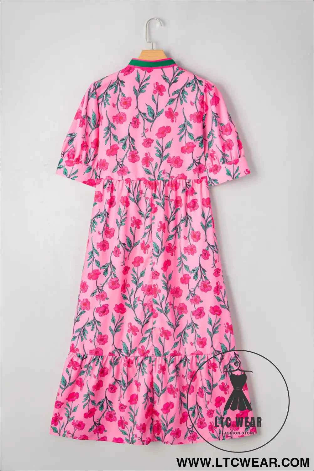 Pink Floral Contrast Neckline A-line Puff Sleeve Long Dress