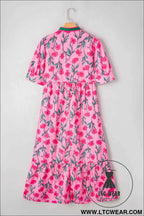 Pink Floral Contrast Neckline A-line Puff Sleeve Long Dress