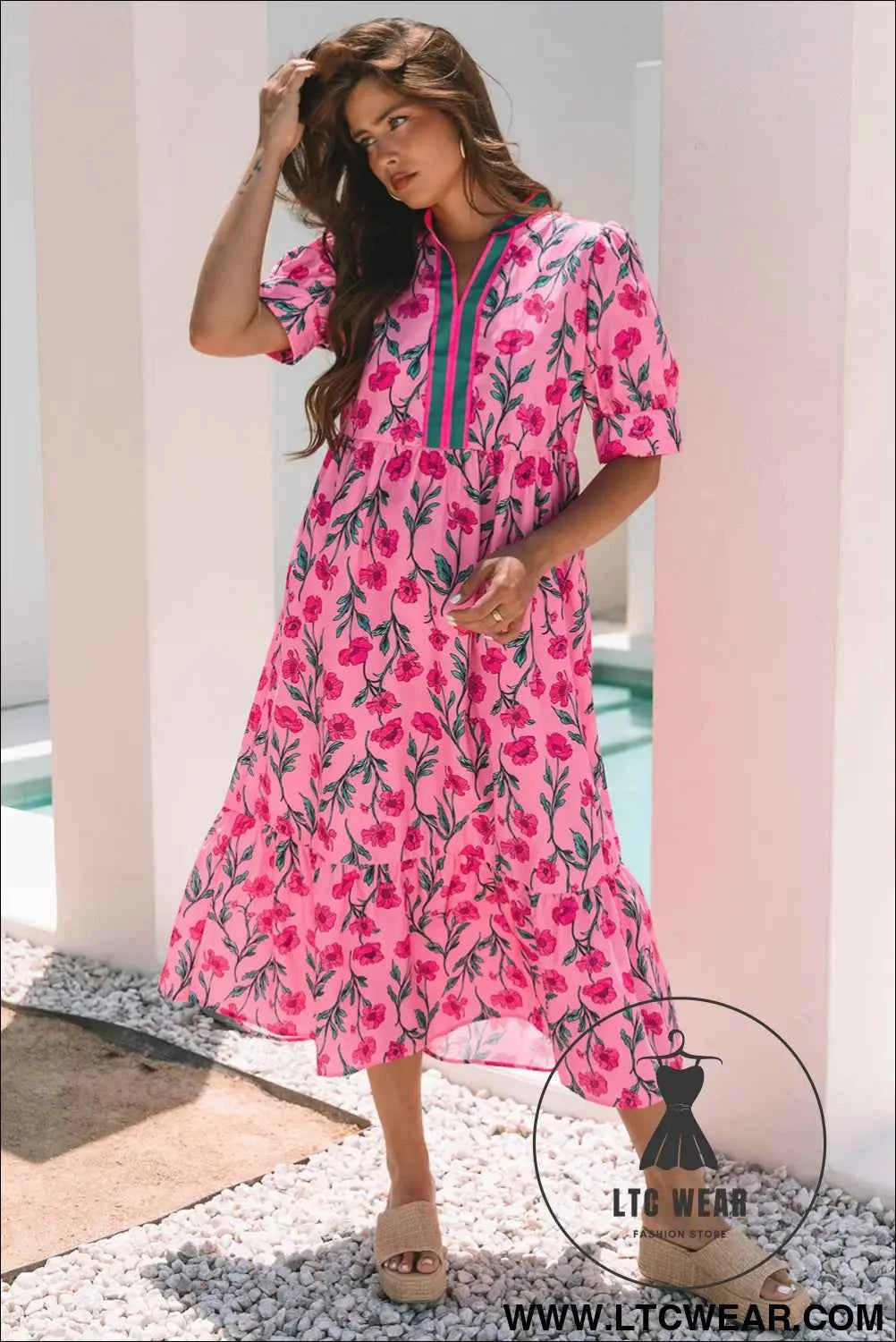 Pink Floral Contrast Neckline A-line Puff Sleeve Long Dress