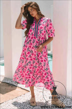 Pink Floral Contrast Neckline A-line Puff Sleeve Long Dress
