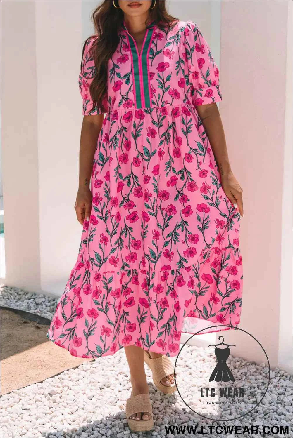 Pink Floral Contrast Neckline A-line Puff Sleeve Long Dress