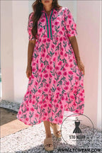 Pink Floral Contrast Neckline A-line Puff Sleeve Long Dress