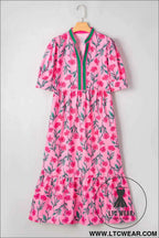 Pink Floral Contrast Neckline A-line Puff Sleeve Long Dress