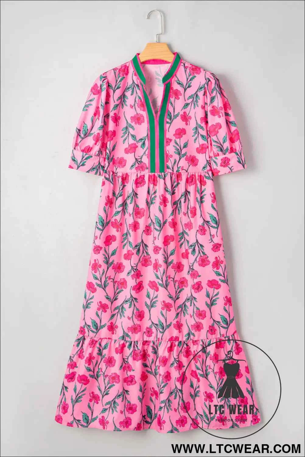 Pink Floral Contrast Neckline A-line Puff Sleeve Long Dress