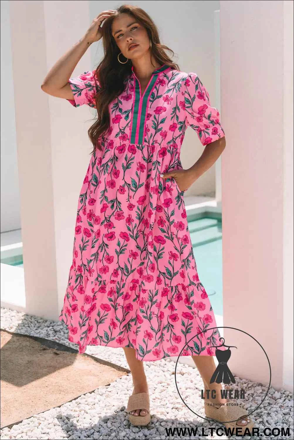 Pink Floral Contrast Neckline A-line Puff Sleeve Long Dress