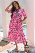Pink Floral Contrast Neckline A-line Puff Sleeve Long Dress