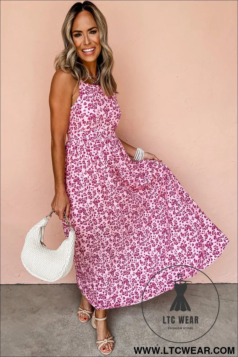 Pink floral cutout back empire waist sleeveless maxi dress - floral dresses