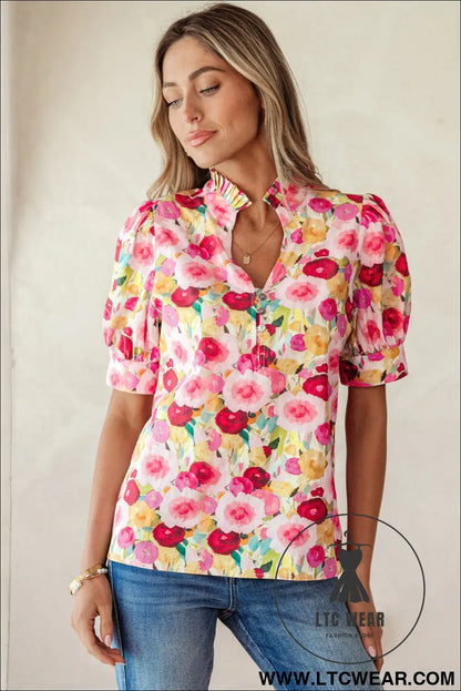 Pink floral frilled v neck puff short sleeve blouse - 20%