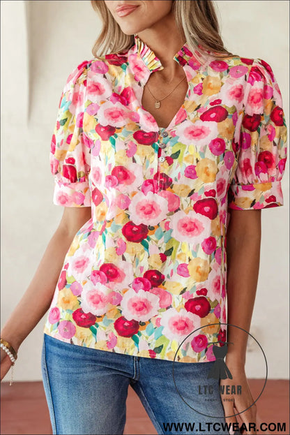 Pink floral frilled v neck puff short sleeve blouse - 20%