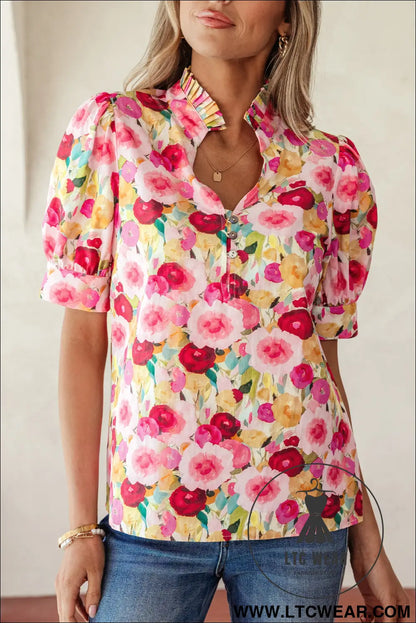 Pink floral frilled v neck puff short sleeve blouse - 20%