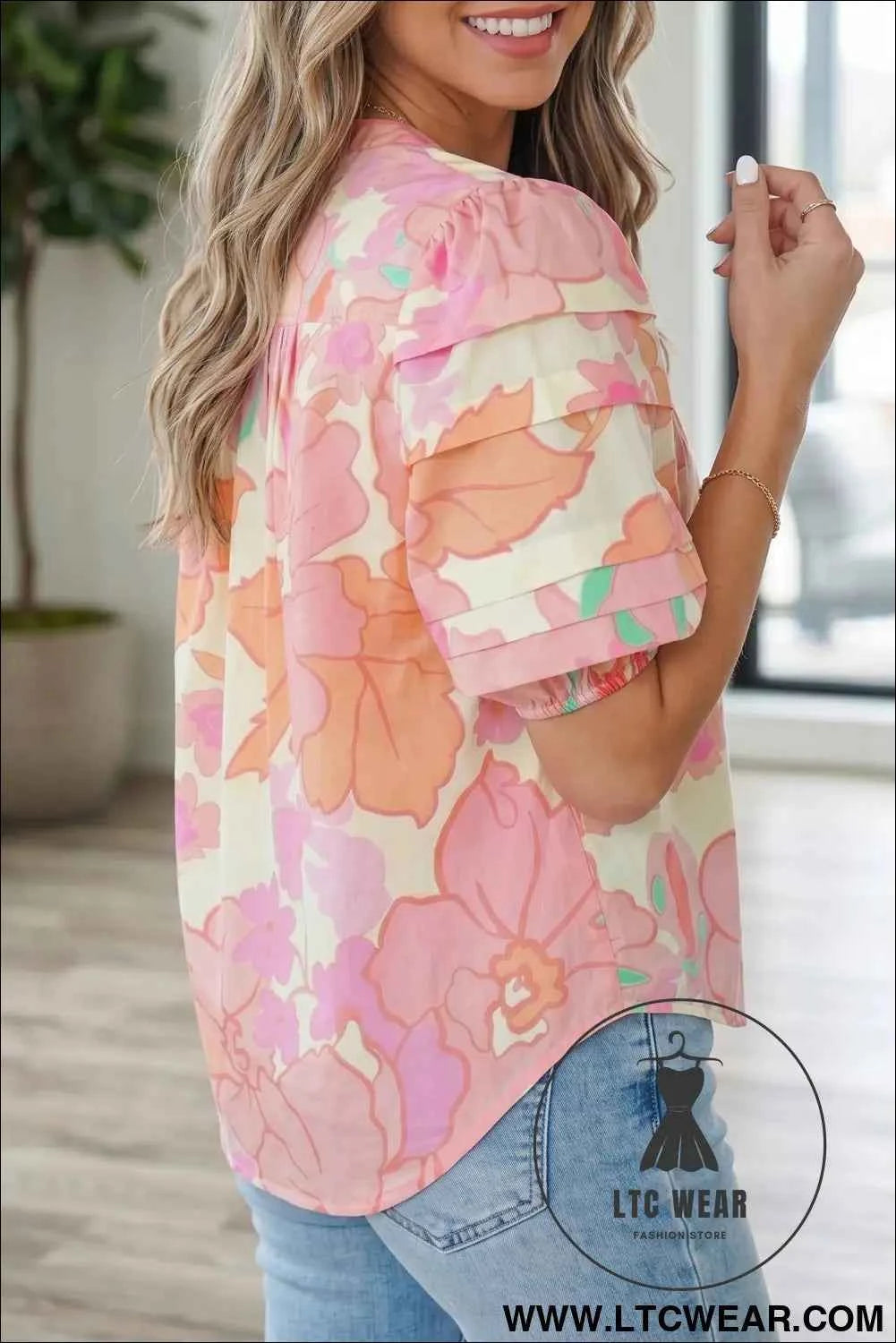 Pink Floral Print Button Down Pintuck Short Sleeve Shirt