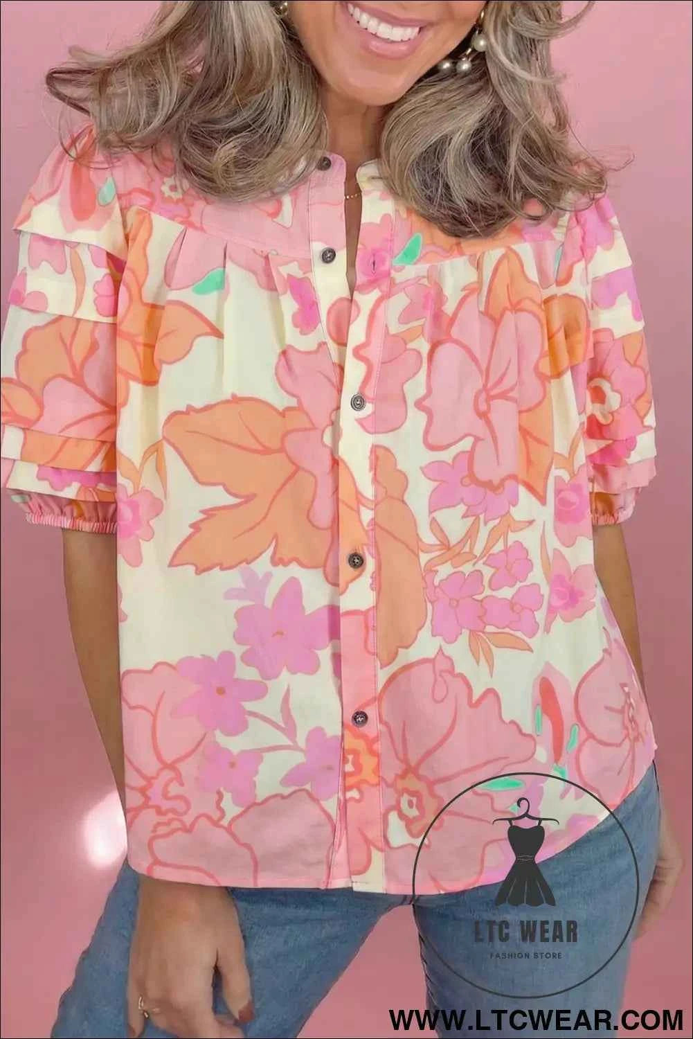 Pink Floral Print Button Down Pintuck Short Sleeve Shirt