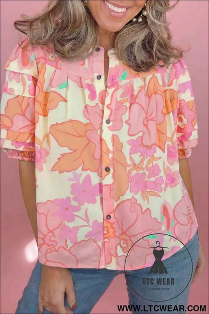 Pink Floral Print Button Down Pintuck Short Sleeve Shirt