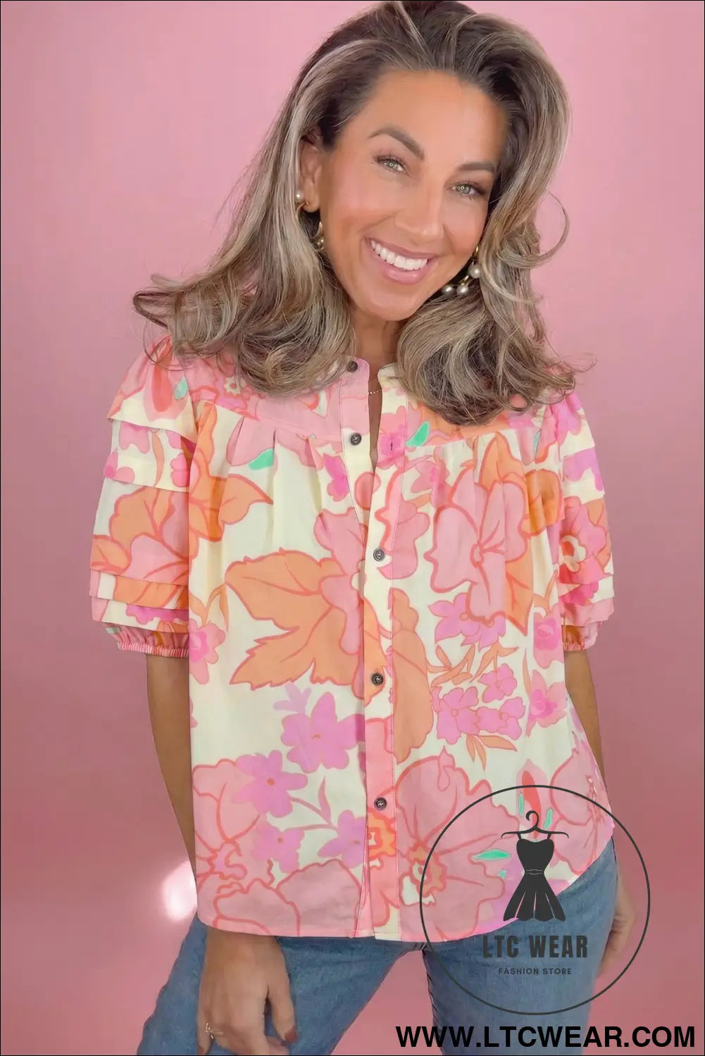 Pink floral print button down pintuck short sleeve shirt - blouses & shirts