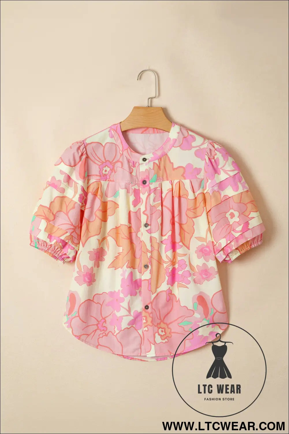 Pink floral print button down pintuck short sleeve shirt - blouses & shirts