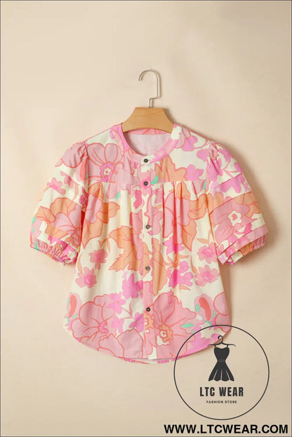 Pink floral print button down pintuck short sleeve shirt - blouses & shirts