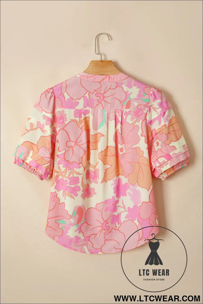 Pink floral print button down pintuck short sleeve shirt - blouses & shirts