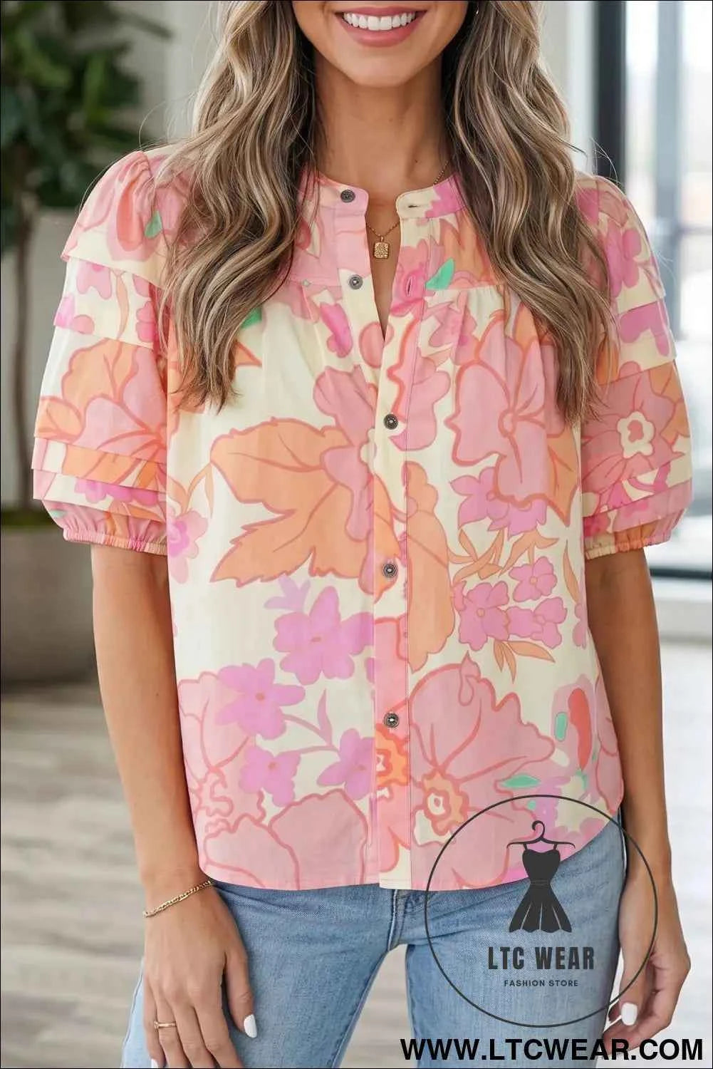 Pink Floral Print Button Down Pintuck Short Sleeve Shirt
