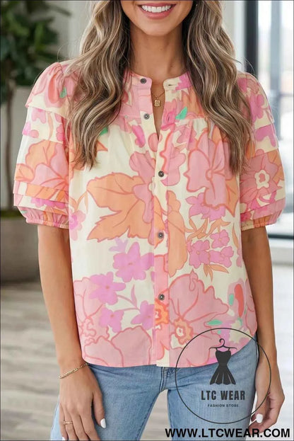 Pink Floral Print Button Down Pintuck Short Sleeve Shirt