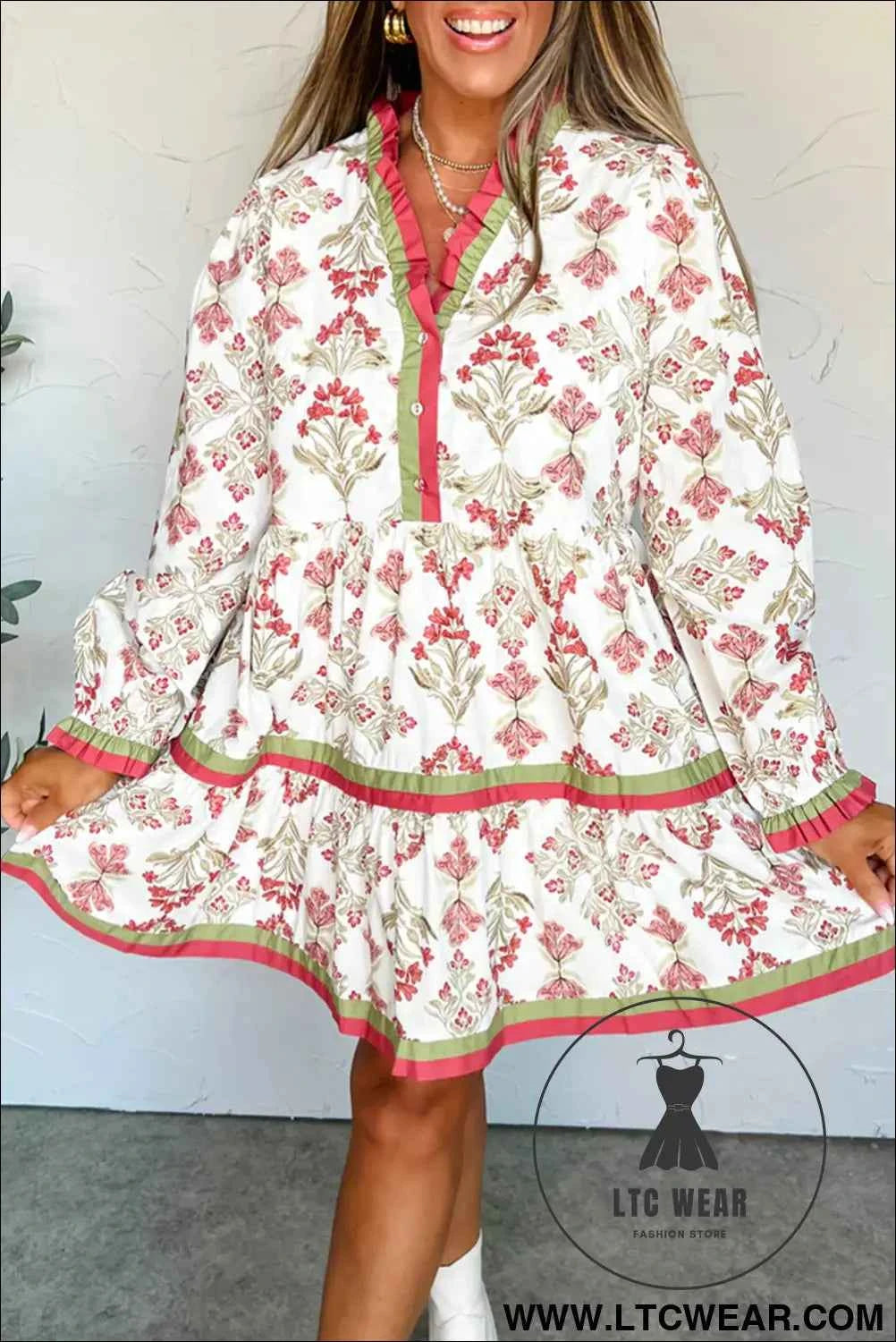 Pink Floral Long Sleeve Tiered Frill Dress