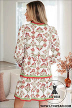 Pink Floral Long Sleeve Tiered Frill Dress