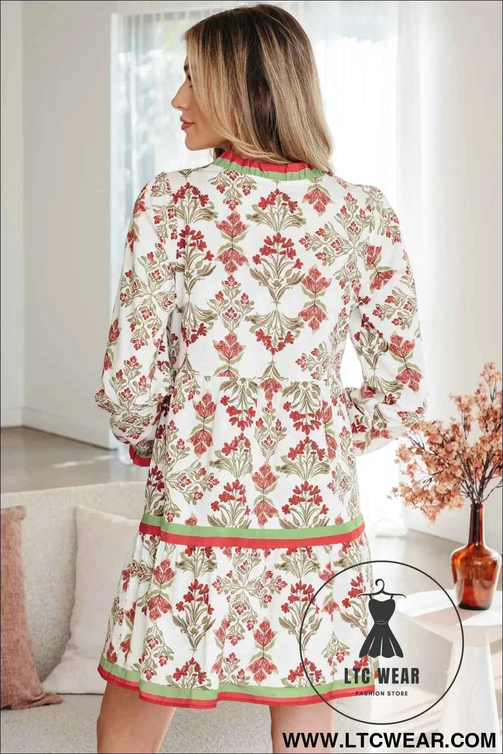 Pink Floral Long Sleeve Tiered Frill Dress