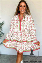Pink Floral Long Sleeve Tiered Frill Dress