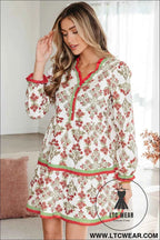 Pink Floral Long Sleeve Tiered Frill Dress