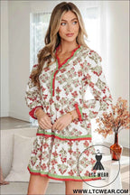 Pink Floral Long Sleeve Tiered Frill Dress