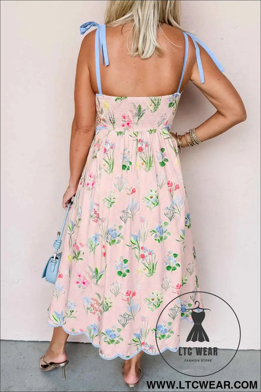 Pink Floral Print Contrast Trim Self-tie Straps High Waist Midi Dress