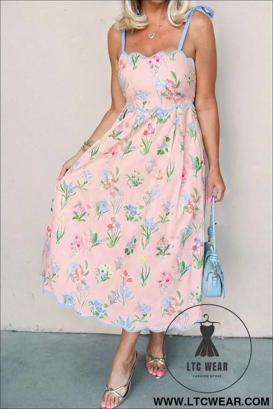 Pink Floral Print Contrast Trim Self-tie Straps High Waist Midi Dress