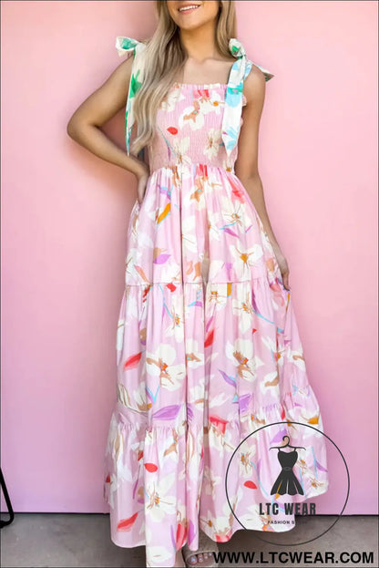 Pink Floral Print Knotted Shoulder Smocked Maxi Dress - L.T.C Wear Online Fashion Store