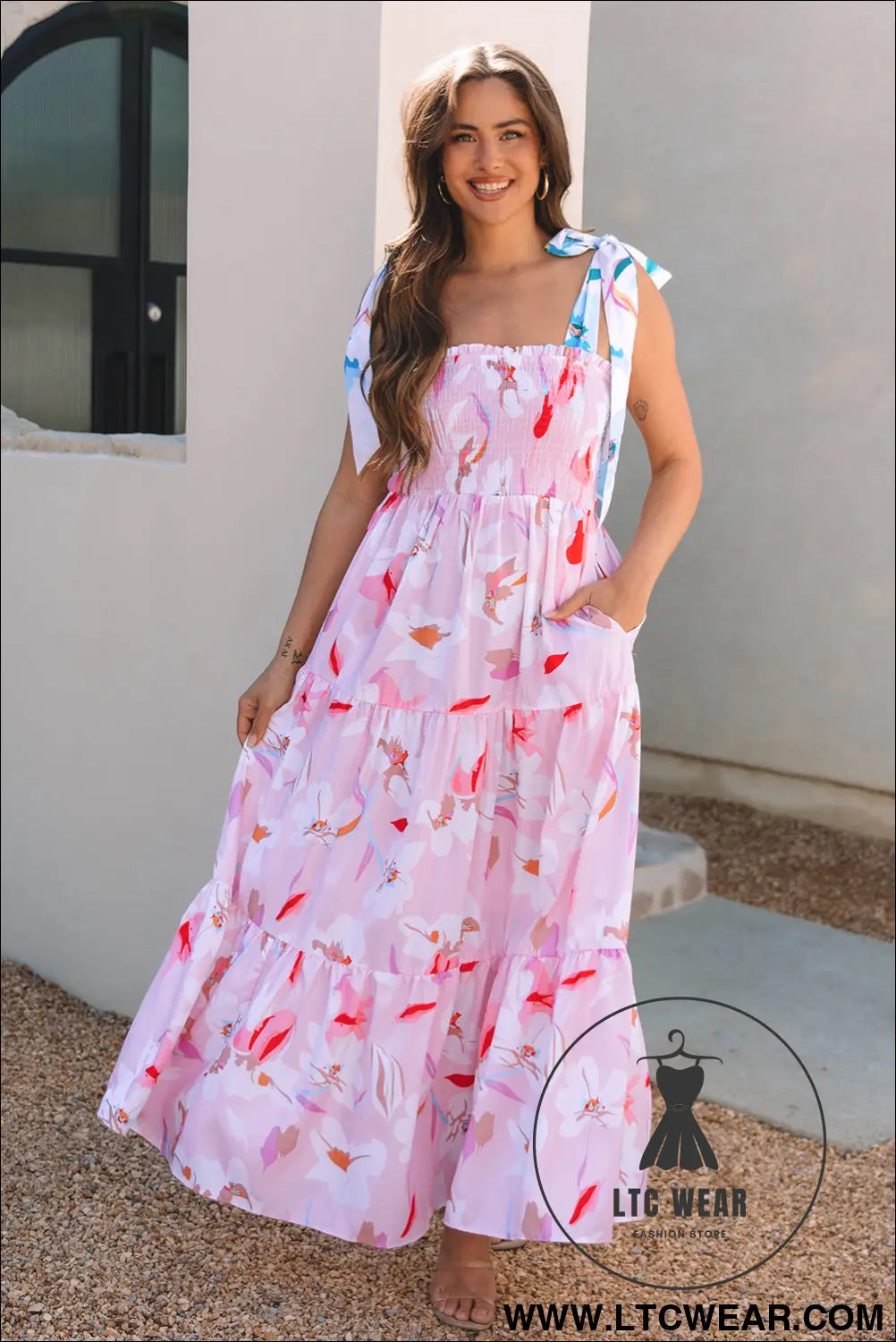 Pink Floral Print Knotted Shoulder Smocked Maxi Dress - L.T.C Wear Online Fashion Store