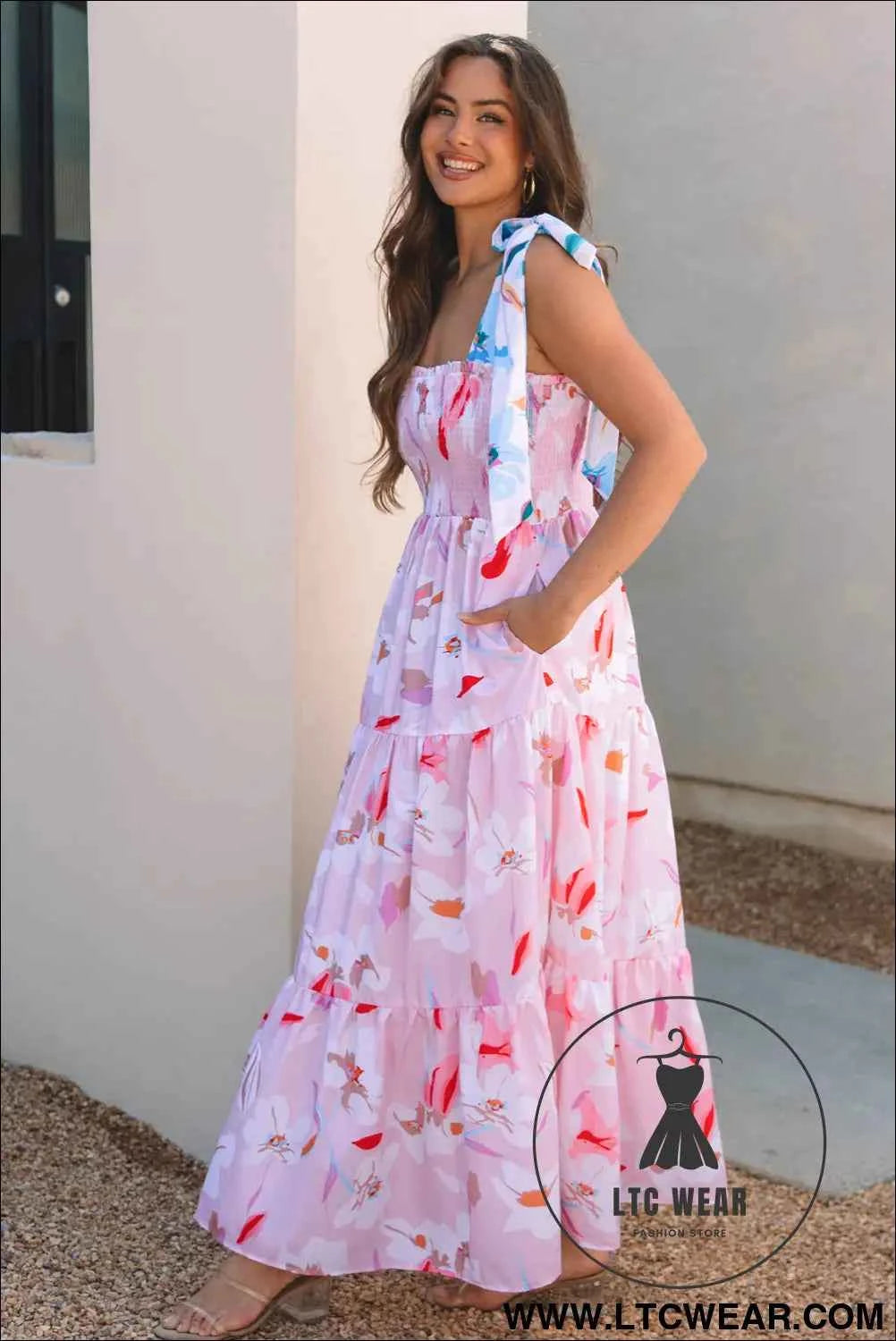 Pink Floral Print Knotted Shoulder Smocked Maxi Dress