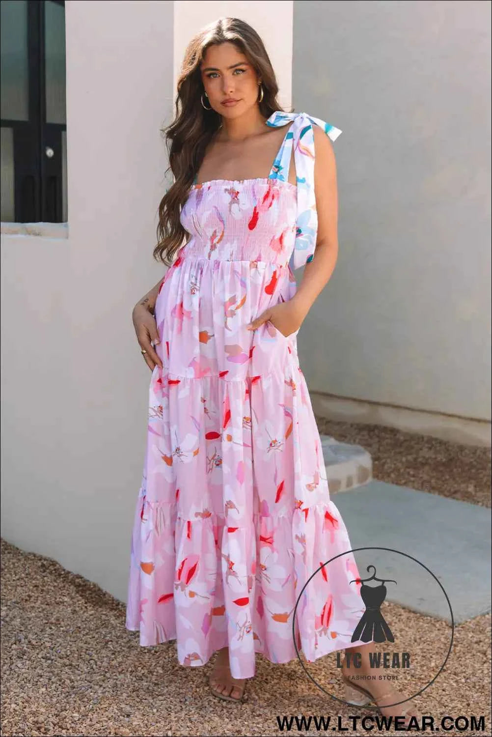 Pink Floral Print Knotted Shoulder Smocked Maxi Dress