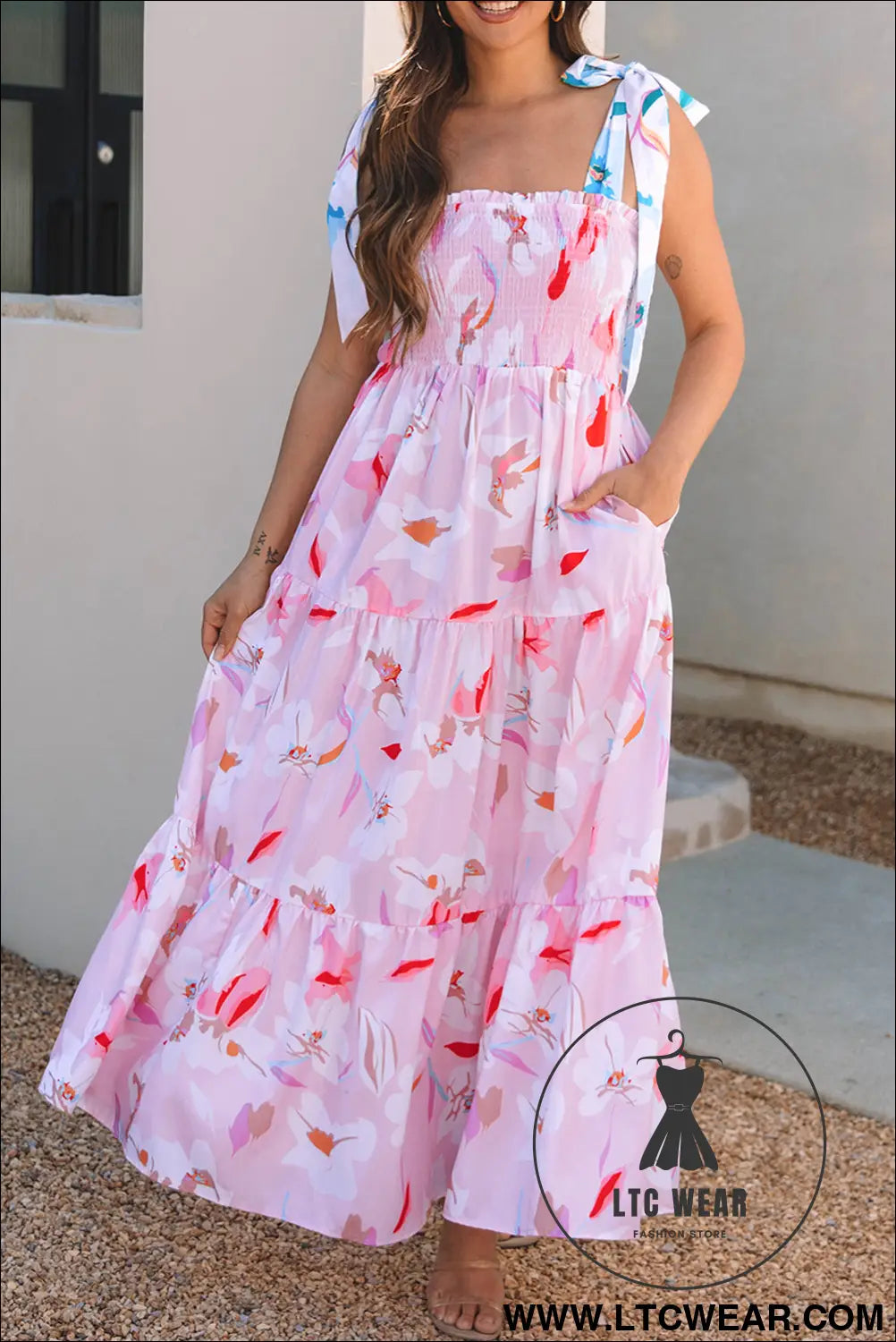 Pink Floral Print Knotted Shoulder Smocked Maxi Dress - L.T.C Wear Online Fashion Store