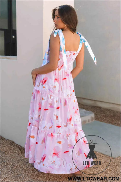 Pink Floral Print Knotted Shoulder Smocked Maxi Dress