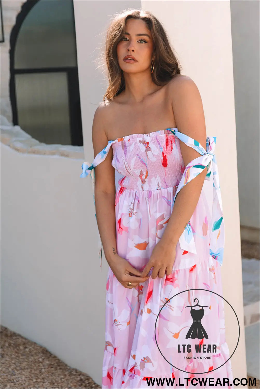 Pink Floral Print Knotted Shoulder Smocked Maxi Dress - L.T.C Wear Online Fashion Store