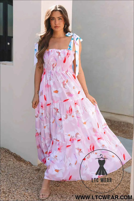 Pink Floral Print Knotted Shoulder Smocked Maxi Dress