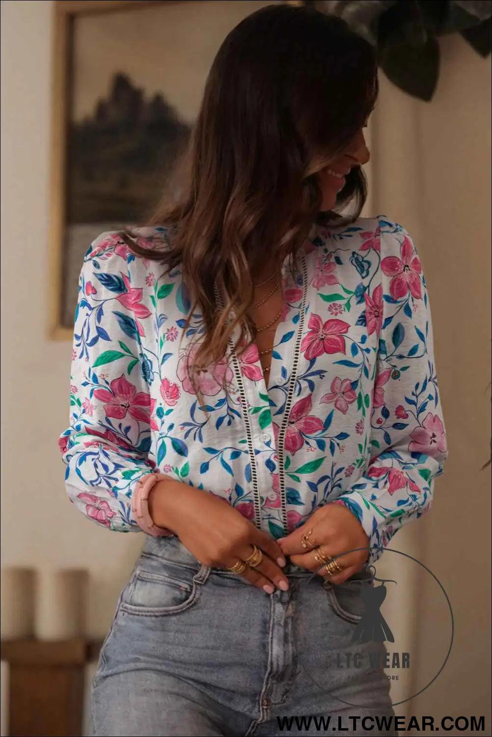 Pink Floral Print Lace Detail Button-up Long Sleeve Shirt