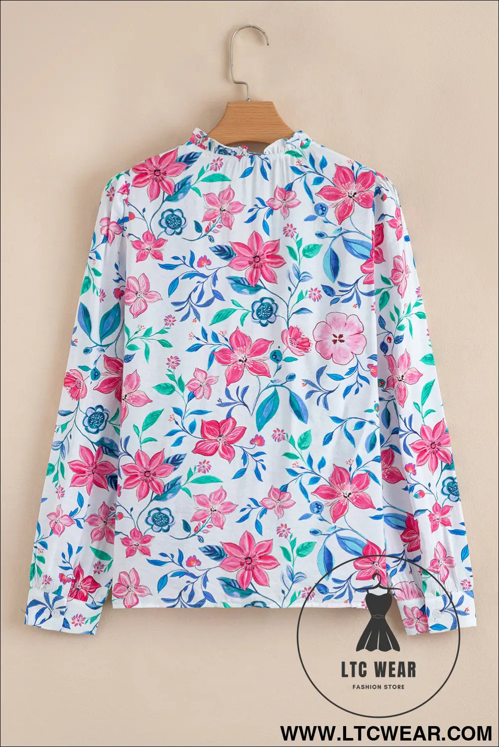 Pink Floral Print Lace Detail Button-up Long Sleeve Shirt - L.T.C Wear Online Fashion Store