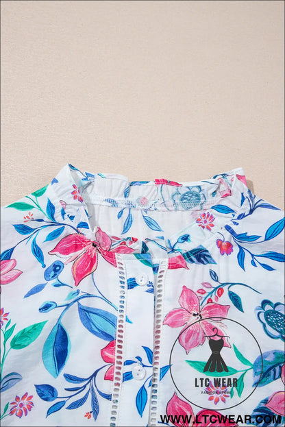 Pink Floral Print Lace Detail Button-up Long Sleeve Shirt - L.T.C Wear Online Fashion Store