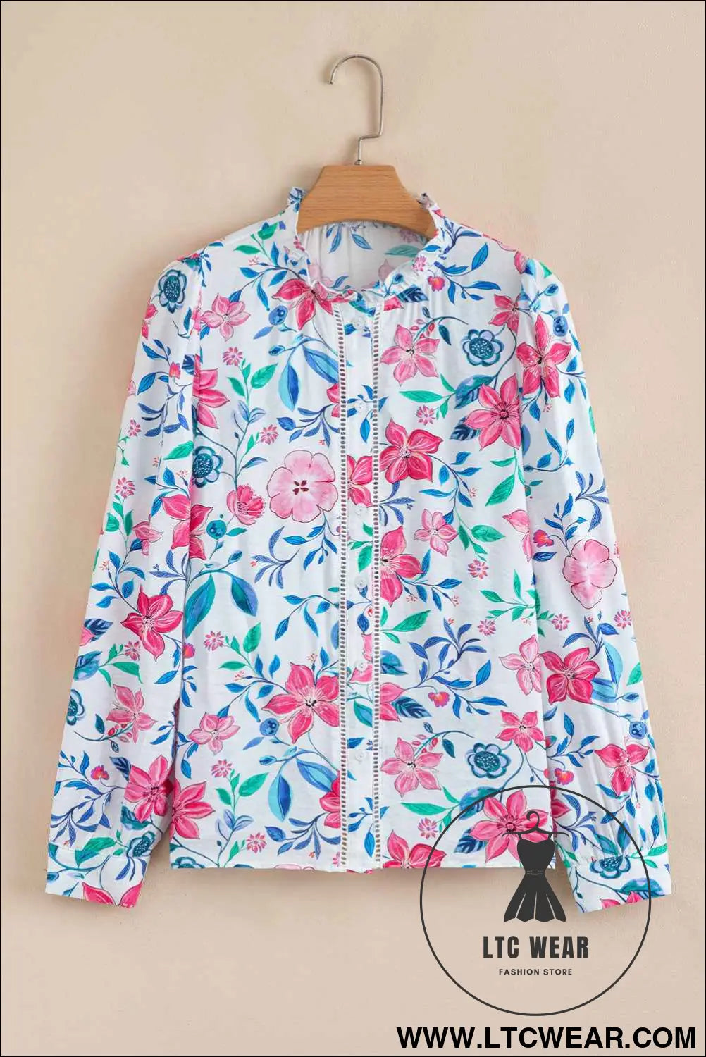 Pink Floral Print Lace Detail Button-up Long Sleeve Shirt