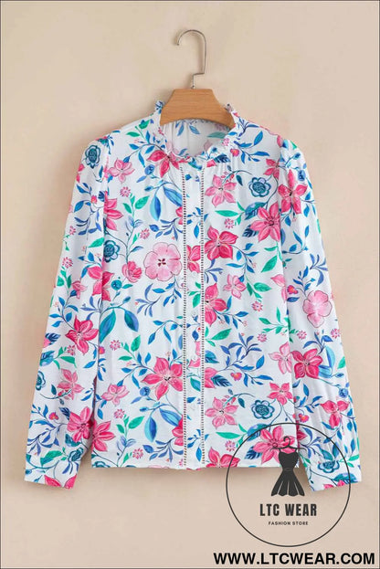 Pink Floral Print Lace Detail Button-up Long Sleeve Shirt