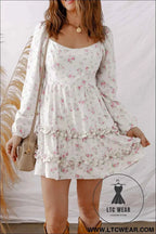 Pink Floral Print Long Sleeve Ruffle Detail Flared Mini Dress